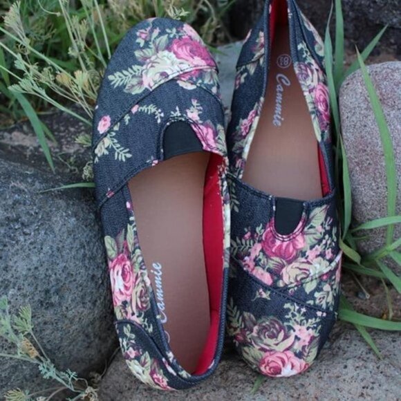 Navy Blue Floral Flats Shoes Comfy Flower Slip On - Picture 1 of 5